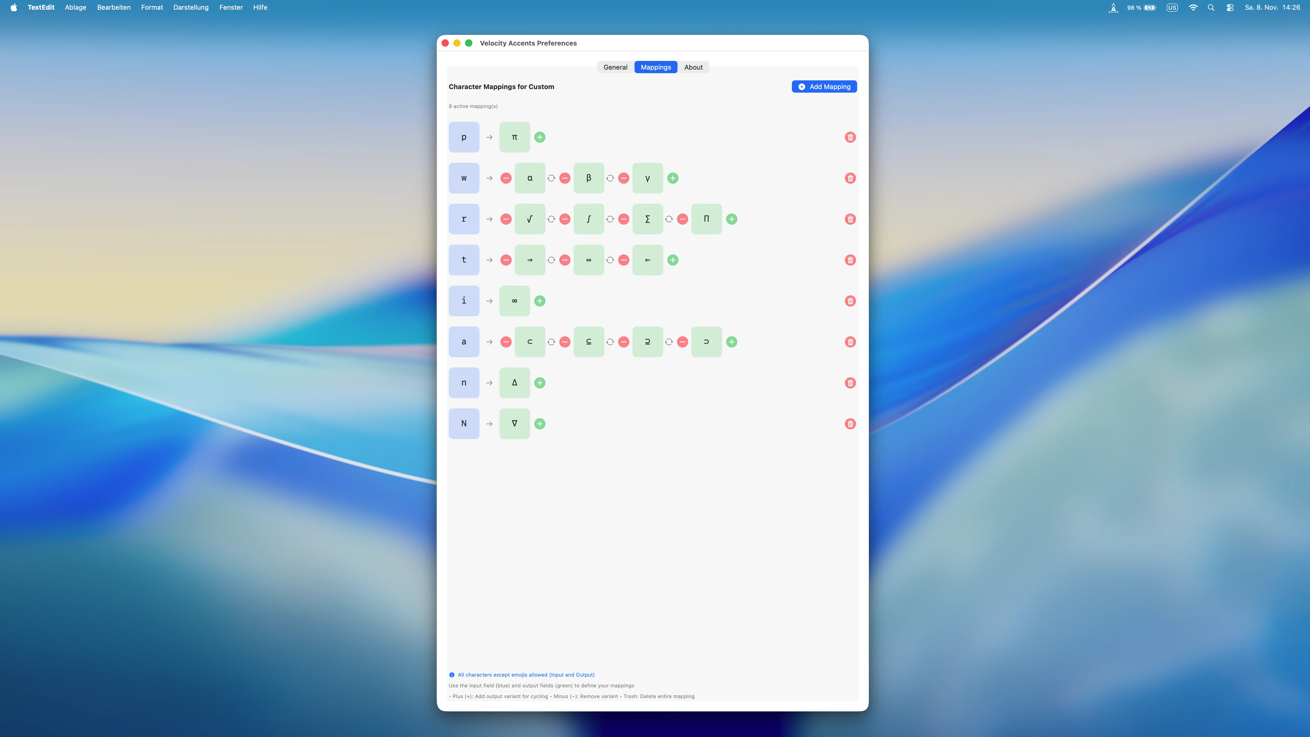 Velocity Accents Mathe-Symbole π ∞ ± √ ∫ eigene Mappings macOS