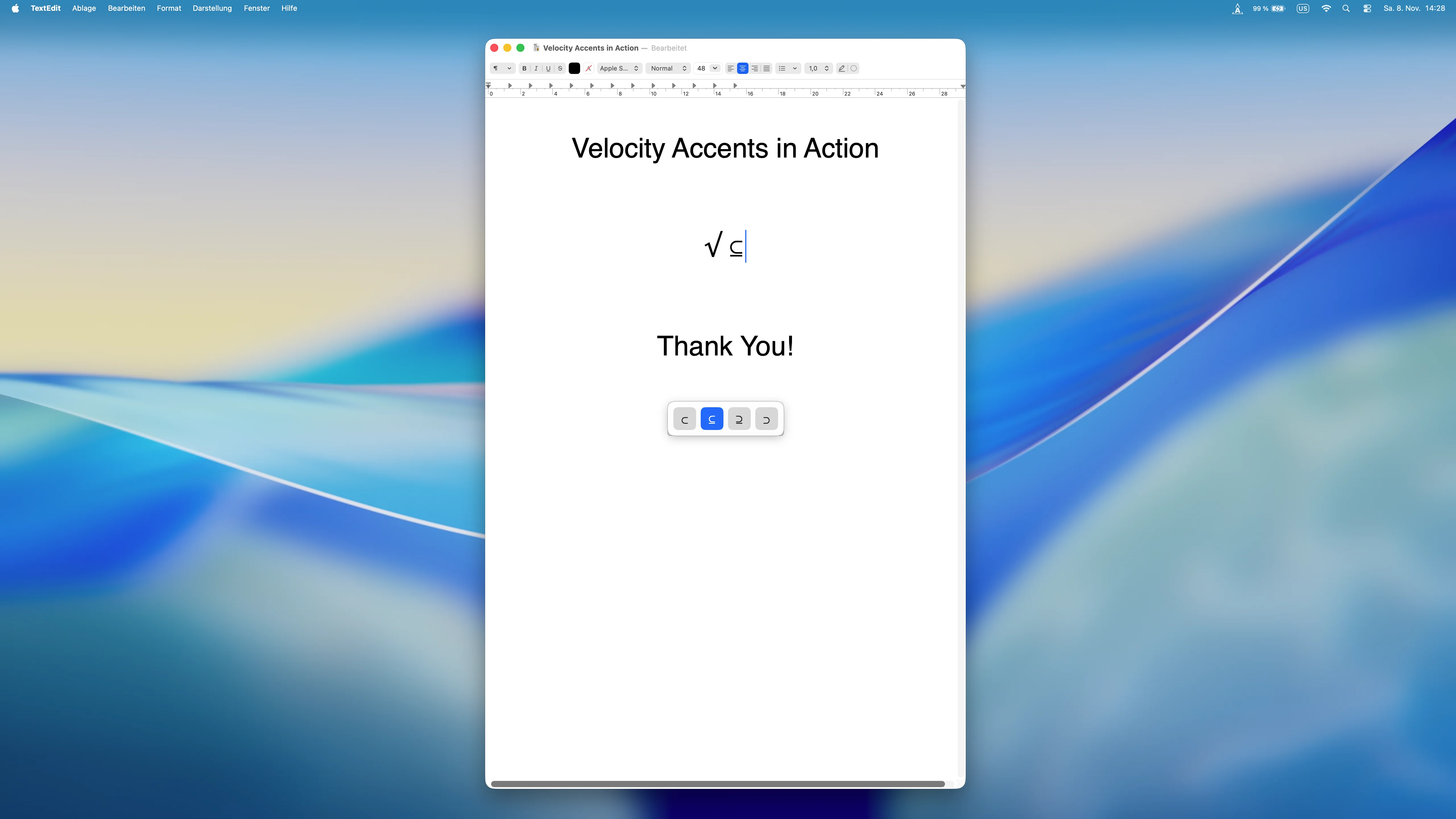 Velocity Accents Mathe-Symbole schnell tippen π α β √ ∫ macOS