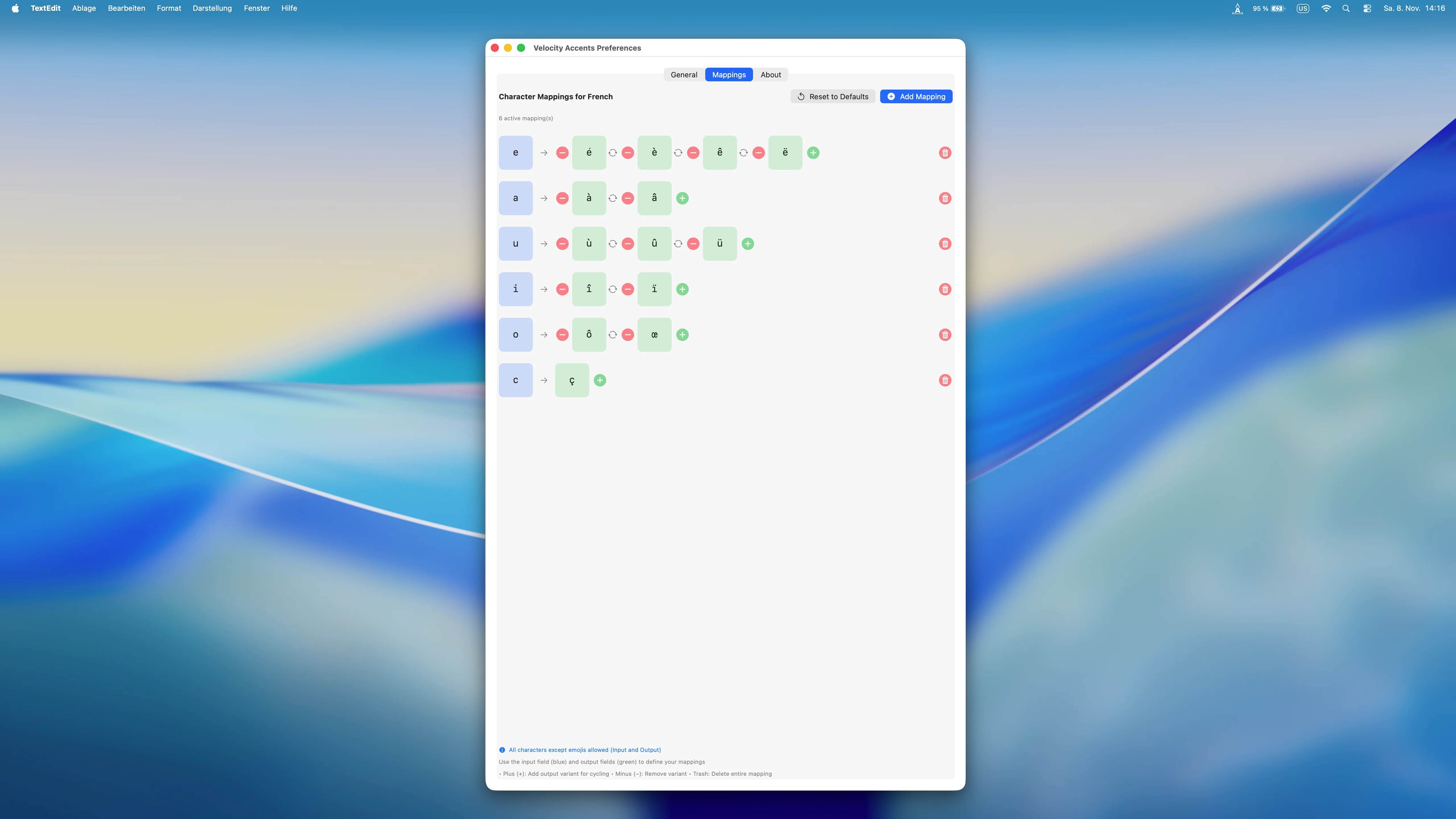 Velocity Accents französische Akzente é è ê ë mit Cycling-Funktion macOS
