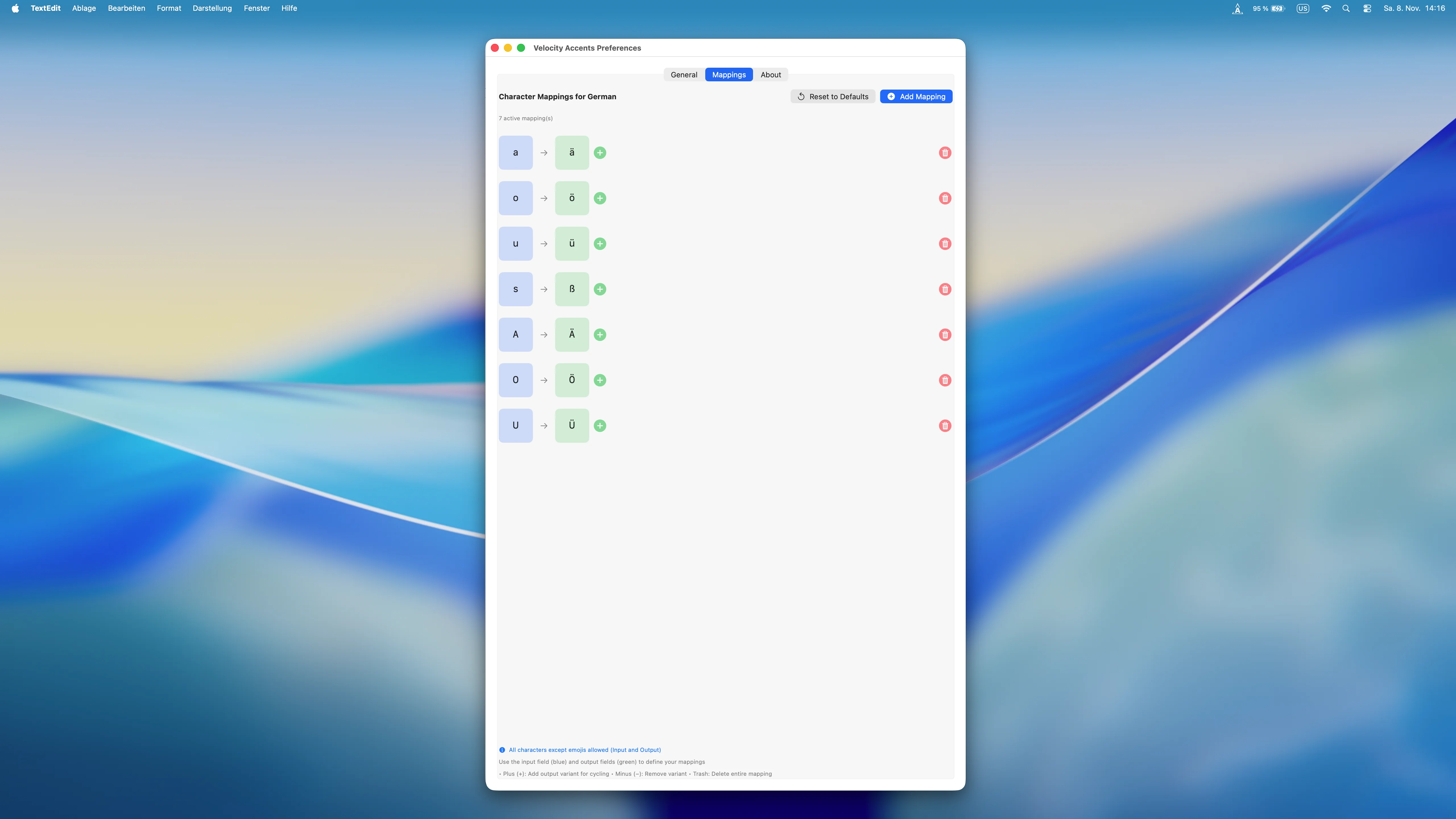 Velocity Accents deutsche Umlaute ä ö ü ß für macOS US-Tastatur