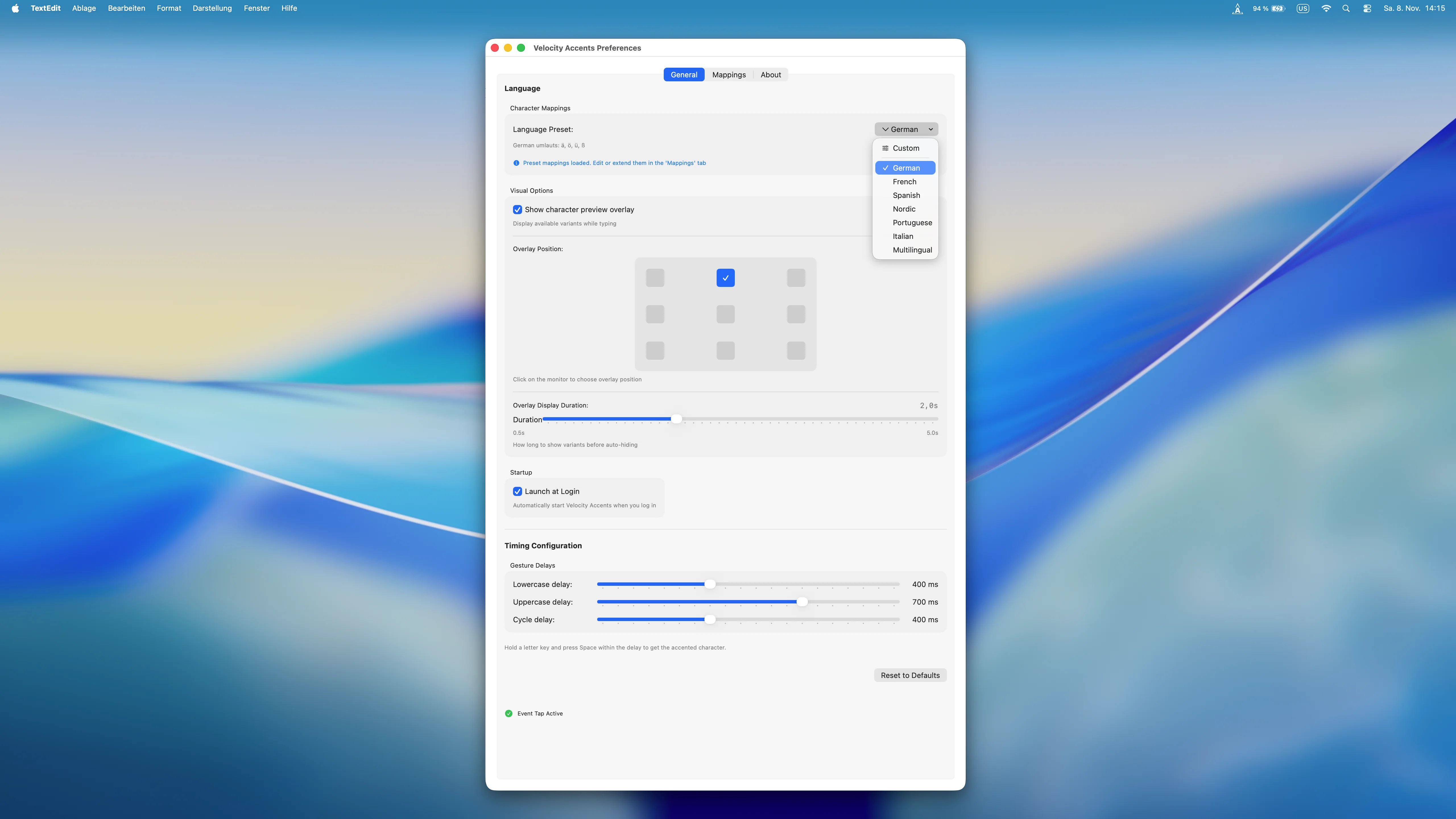 Velocity Accents Sprach-Presets Dropdown Deutsch Französisch Spanisch macOS