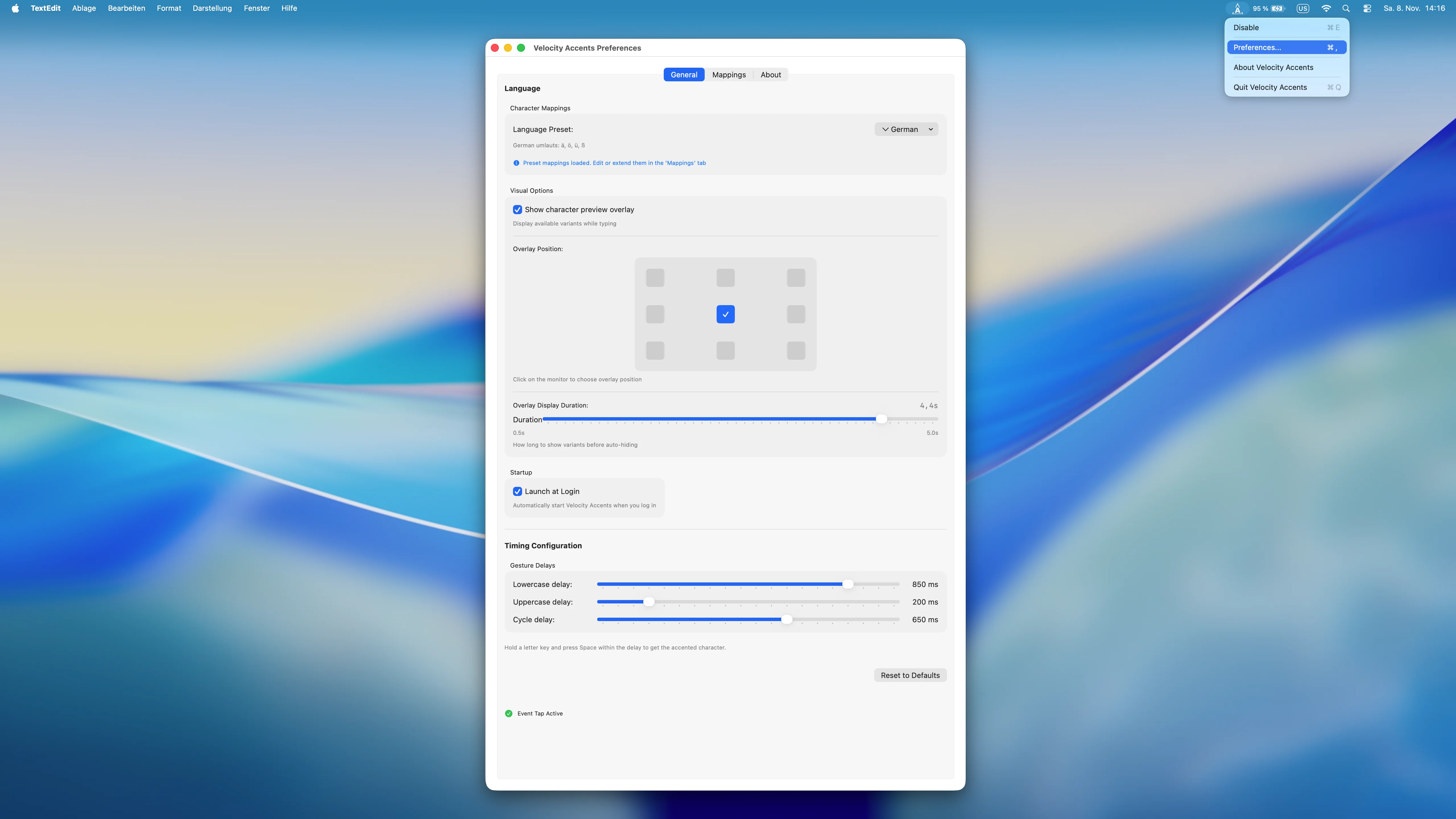 Velocity Accents Einstellungen Menü Overlay-Position Timing macOS