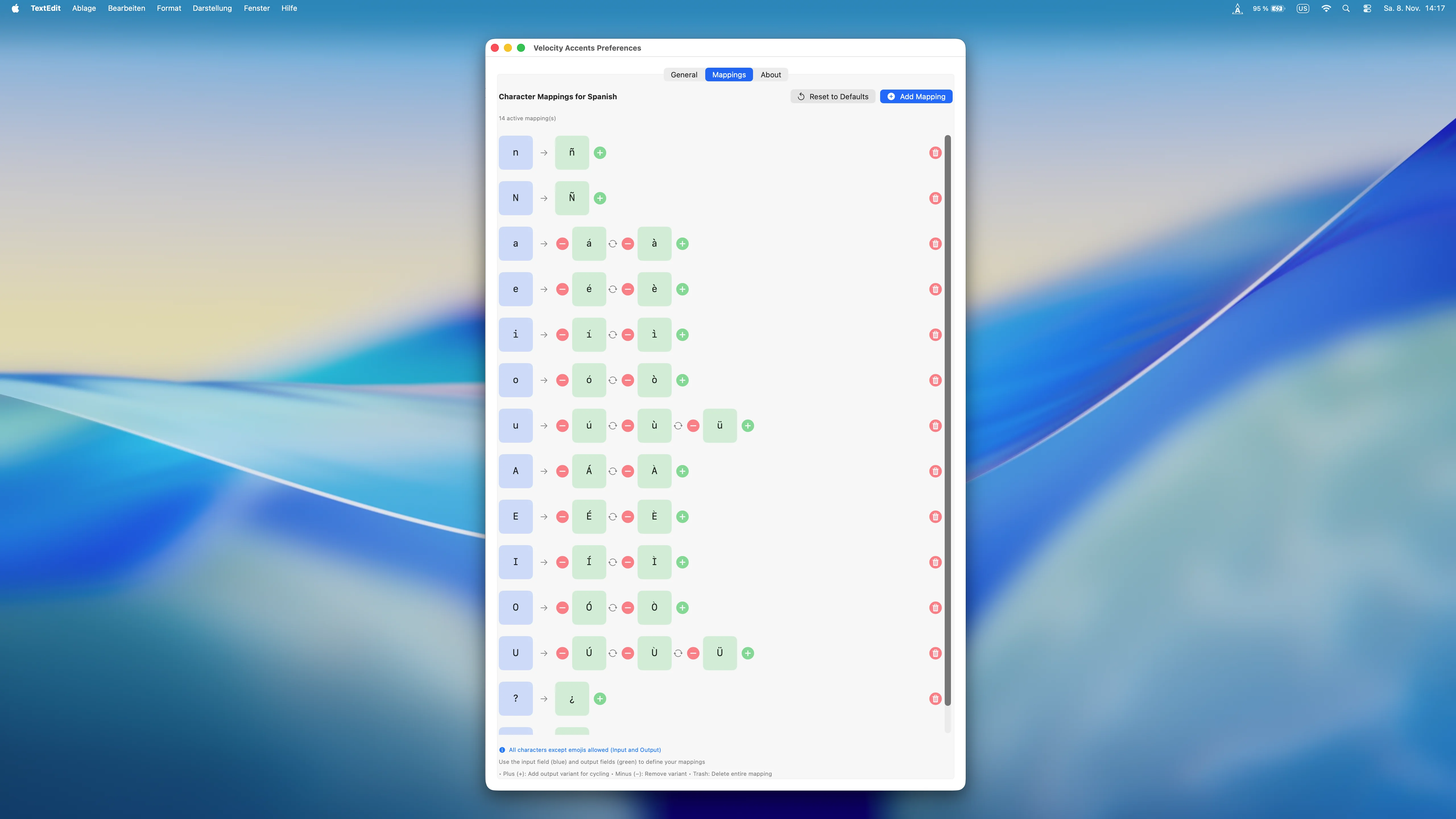 Velocity Accents spanische Sonderzeichen ñ á é í ó ú für macOS